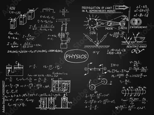 Physical equations on school board. Vector hand-drawn illustration. Education and scientific set.