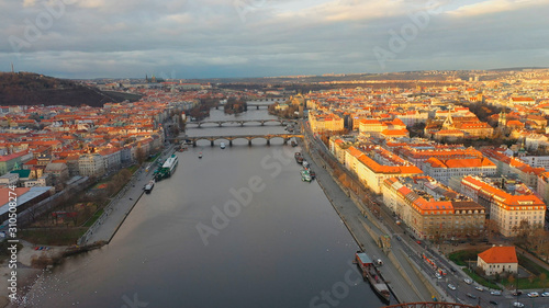 Aerial view of Podskali area under Vysehrad castle at sunset light  view of Prague  Czech Republic
