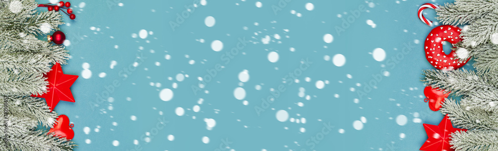 Christmas holidays banner background. Colorful Xmas composition with snow