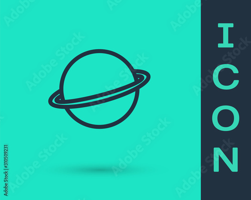 Black line Planet Saturn with planetary ring system icon isolated on green background. Vector Illustration