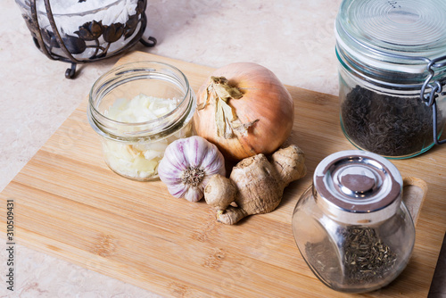 Homemade onion syrup with garlic and ginger. Traditional medicine