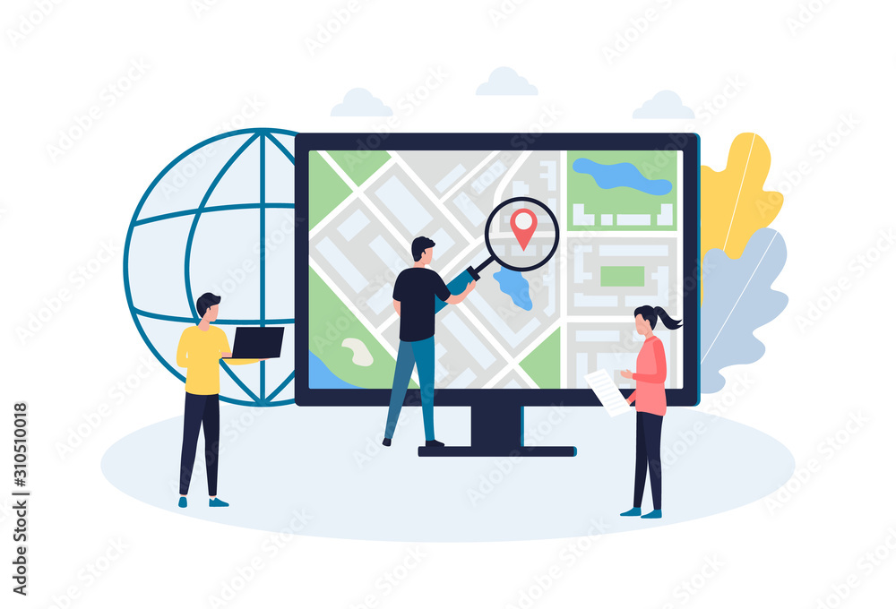 The concept of local SEO promotion, market research and competitor analysis. The work of the marketing department, analytics, data collection, delivery logistics, cost reduction. Flat vector illustrat The concept of local SEO promotion, market research and competitor analysis. The work of the marketing department, analytics, data collection, delivery logistics, cost reduction. Flat vector illustrat