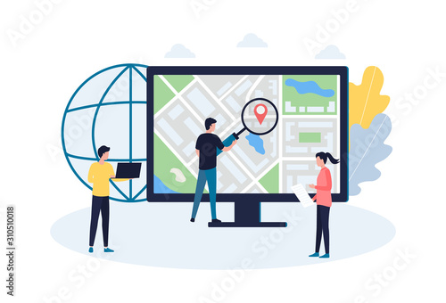 The concept of local SEO promotion, market research and competitor analysis. The work of the marketing department, analytics, data collection, delivery logistics, cost reduction. Flat vector illustrat photo