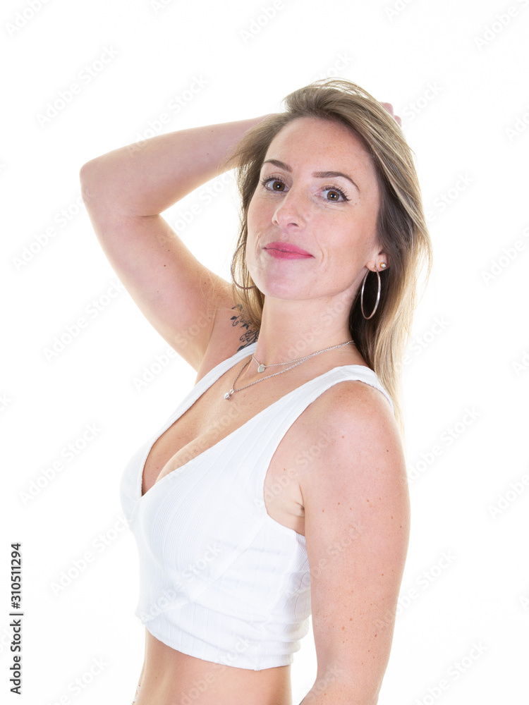 portrait of blonde woman with clear skin cute pretty girl slim body in white background portrait of blonde woman with clear skin cute pretty girl slim body in white background