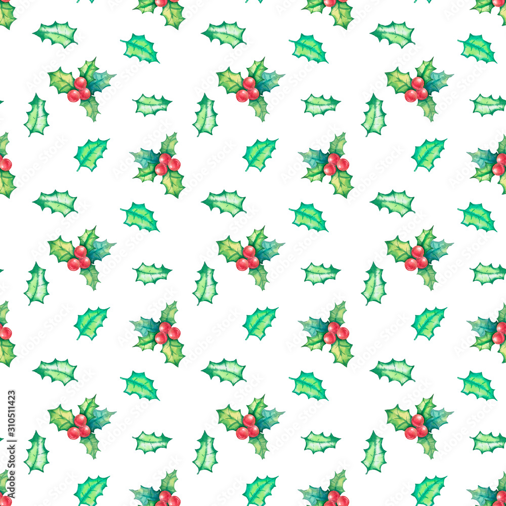 Watercolor pattern with mistletoe leaves and berries on a white background. Children's illustration in cartoon style for the new year for printing, textile, packaging