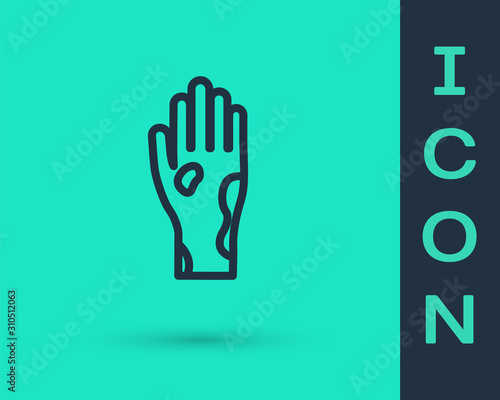 Black line Hand with psoriasis or eczema icon isolated on green background. Concept of human skin response to allergen or chronic body problem. Vector Illustration