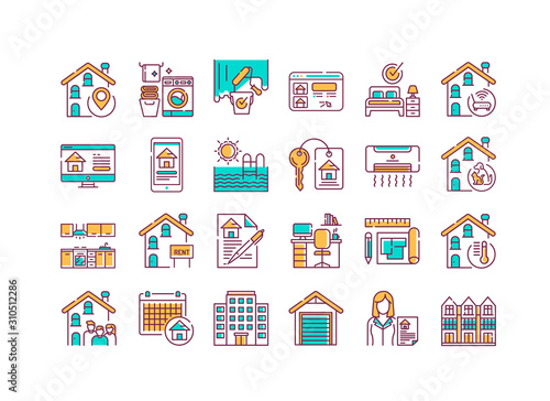 Rent home and real estate color line icons set. Buildings and property. Purchasing, sale and leasing. Pictogram for web page, mobile app, promo. UI UX GUI design element. Editable stroke.