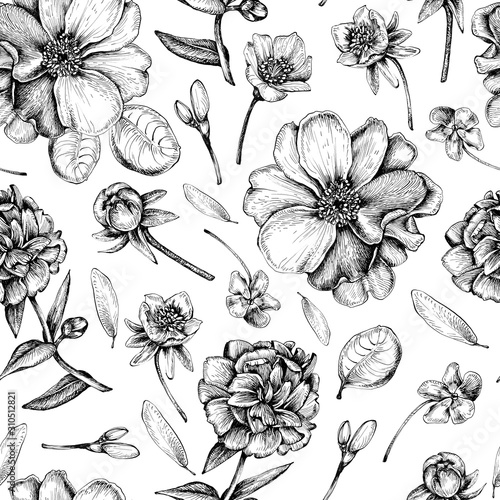Illustration of graphic flowers and leaves. Handmade ink and pen. Seamless pattern for wallpaper and fabric design.