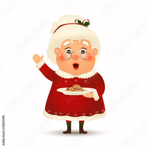 Happy Mrs. Claus cartoon character isolated on white background. Christmas Cute wife Mrs Claus waving hands and greeting with cookies. Mrs Claus for winter and new year winter holidays. vector