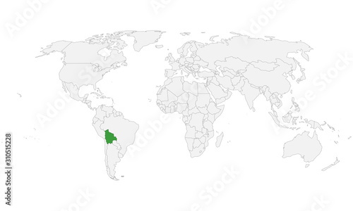 Bolivia map highlighted green on world map vector. Gray background. Perfect for Business concepts  chart  banner  backgrounds  backdrop wallpapers etc.