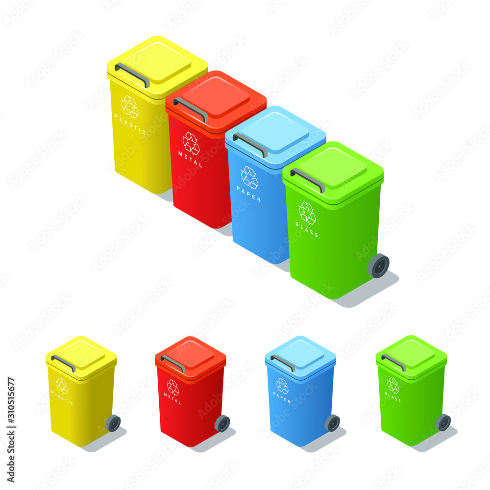 Vector isometric trash can for separate waste bin, recycling container Vector isometric trash can for separate waste bin, recycling container