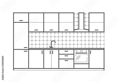 Kitchen furniture front view in linear style. Interior vector illustration