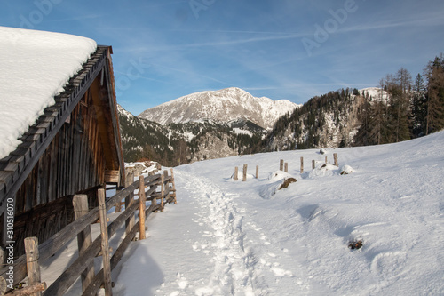 WEg im Schnee mit Front einer Almhütte Zaun und Bergen