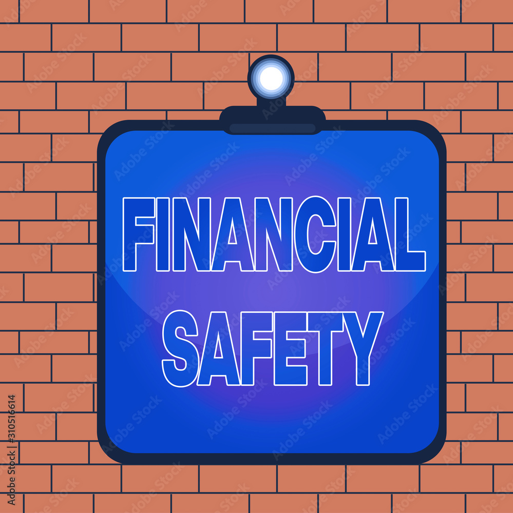 Obraz premium Text sign showing Financial Safety. Business photo text enough money saved to cover emergencies and financial goals Clipboard colorful background spring clip stuck bind empty plank frame