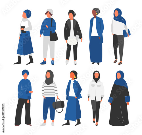Hijab Muslim Woman set. Covered arab islamic fashion. Vector people.