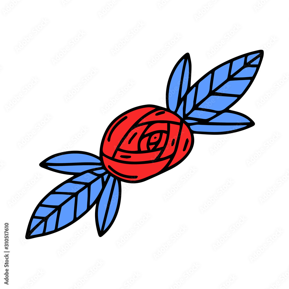 Vector illustration. Hand-drawn brooch or hair clip in the form of a rose with leaves. Color contour design element for Valentine's Day. The object is isolated on a white background Vector illustration. Hand-drawn brooch or hair clip in the form of a rose with leaves. Color contour design element for Valentine's Day. The object is isolated on a white background