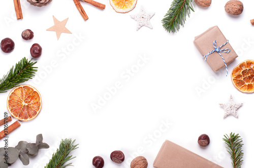 Zero waste Christmas concept flat lay. Eco and natural wrapping. Plastic free New Year. Place for text.