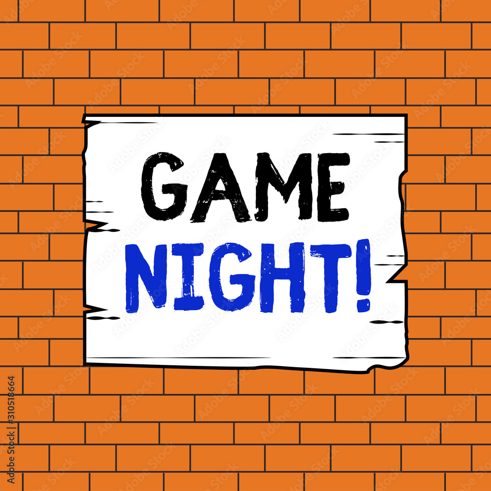 Text sign showing Game Night. Business photo text usually its called on adult play dates like poker with friends Wooden square plank empty frame slots grooves wood panel colored board lumber Text sign showing Game Night. Business photo text usually its called on adult play dates like poker with friends Wooden square plank empty frame slots grooves wood panel colored board lumber