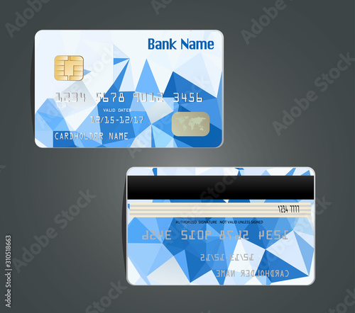 Vector illustration of detailed glossy credit card with design polygon isolated on background.