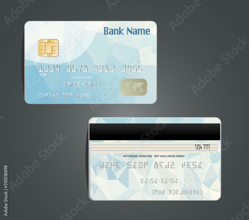 Vector illustration of detailed glossy credit card with design polygon isolated on background.