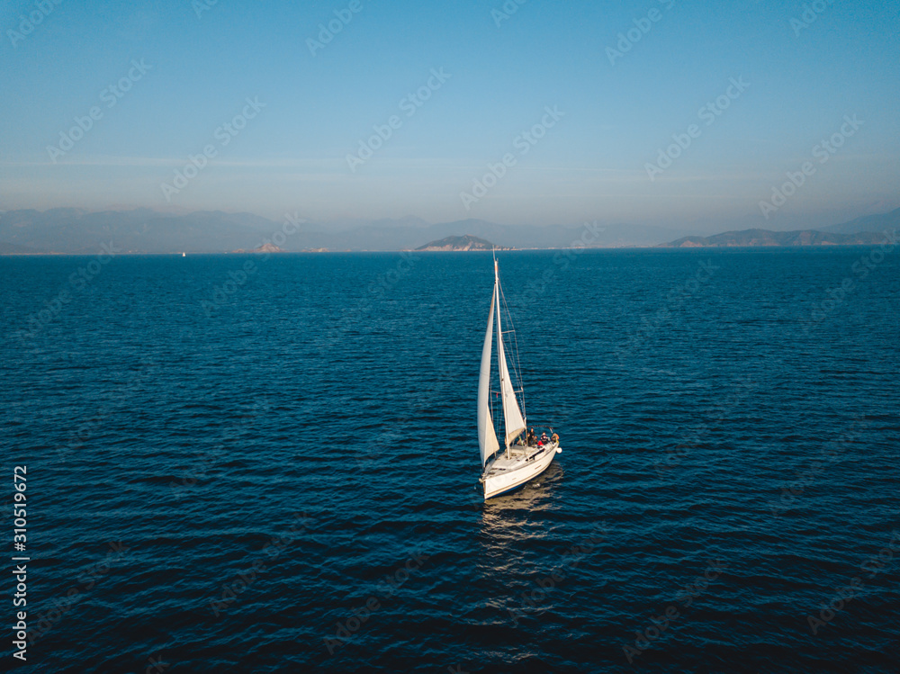 Fototapeta premium Aerial view of sailing in the open sea in Turkey
