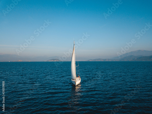 Aerial view of sailing in the open sea in Turkey