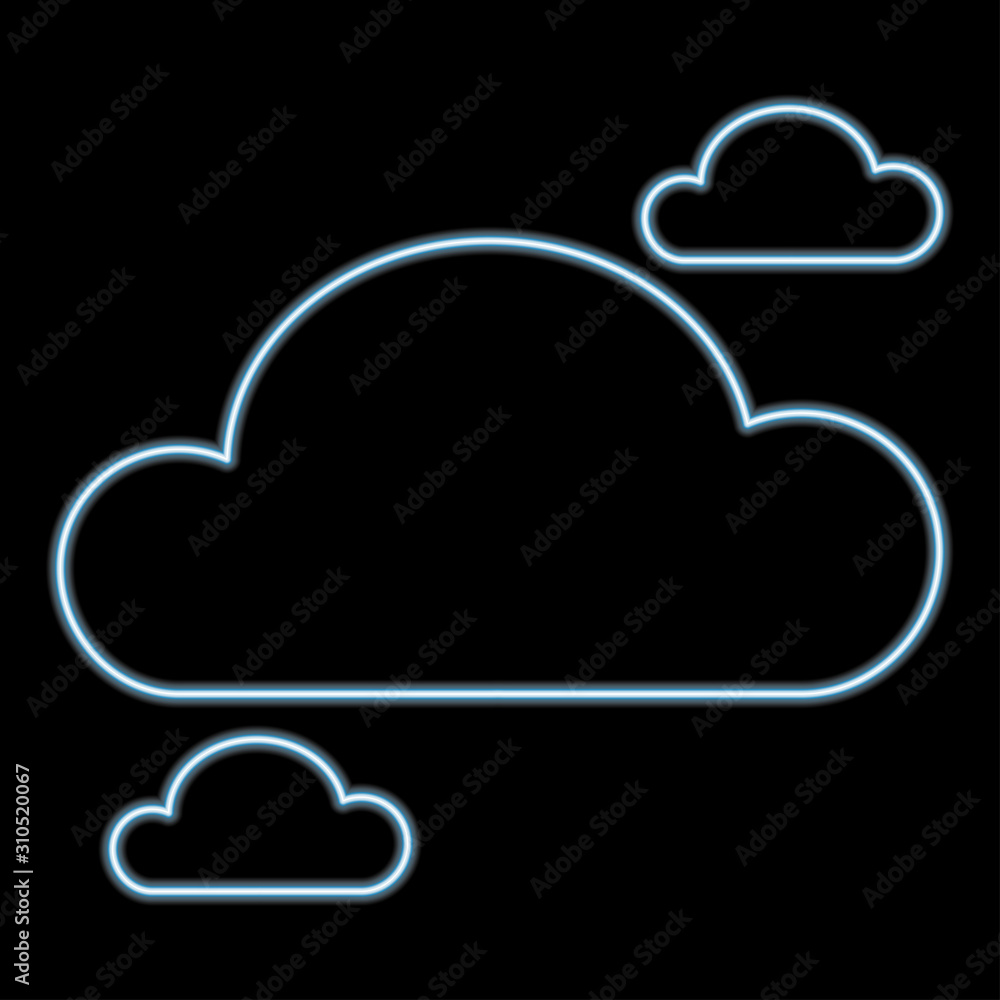 Clouds neon sign on the black background. Glowing blue clouds in the dark signs. Clouds neon sign on the black background. Glowing blue clouds in the dark signs.