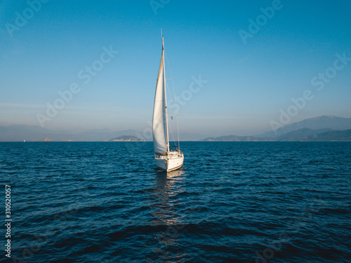 Aerial view of sailing in the open sea in Turkey photo