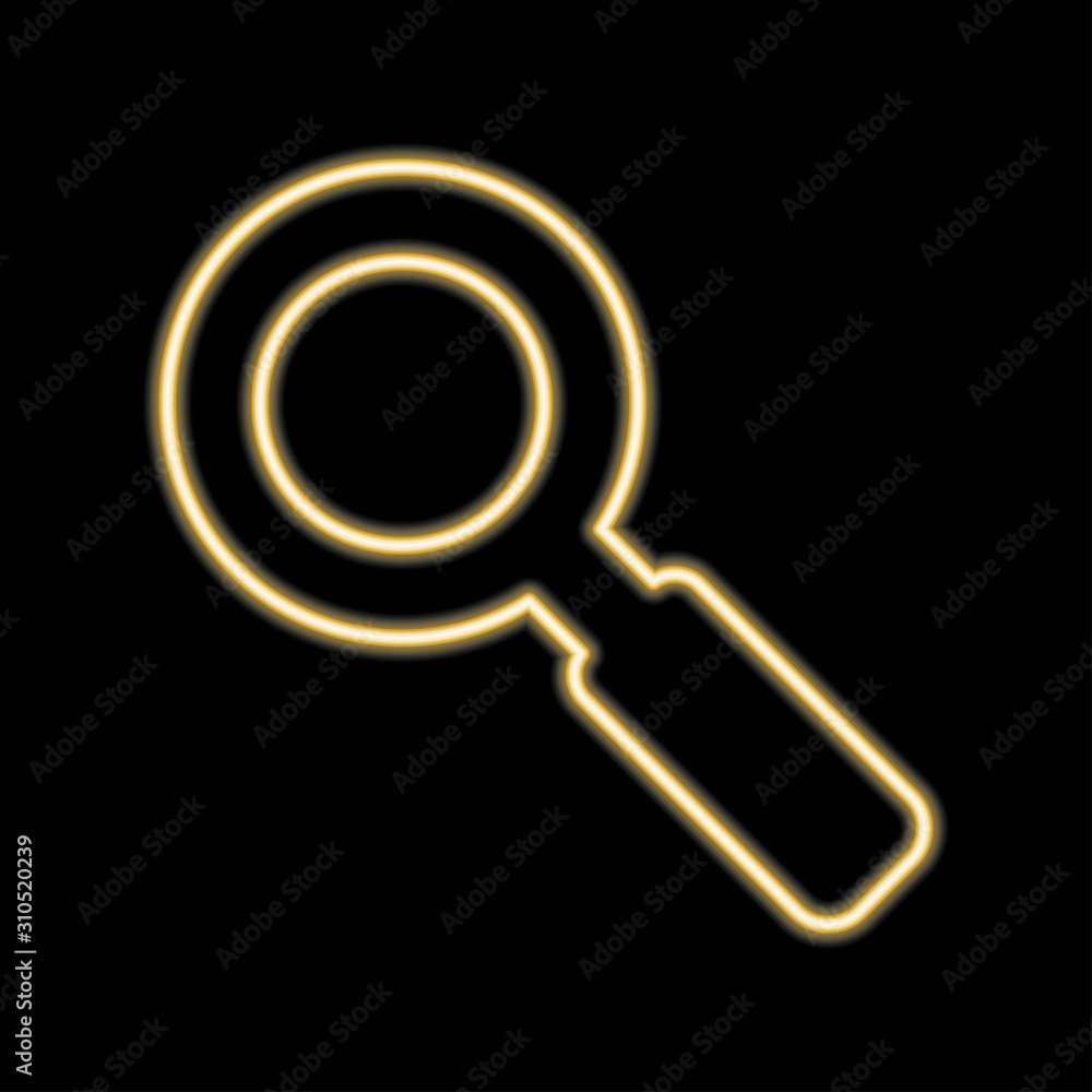 Loupe, search or magnifying. Linear icon, thin outline. Yellow neon style on black background. Light icon Loupe, search or magnifying. Linear icon, thin outline. Yellow neon style on black background. Light icon