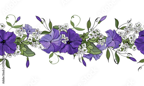 Seamless pattern brush with purple flowers petunias. Horizontal border for festive design, postcards, posters, wedding invitations,print, textile.Vector stock illustration.
