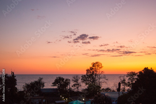 Sunset over the sea - view of a pink sky with purple clouds and contrasting trees. Subtropics  summer  heat  rest  vacation  relaxation  evening  night.