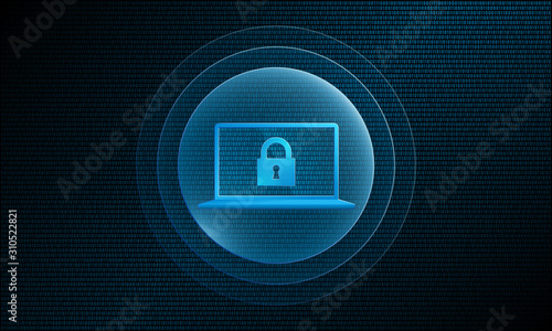 Laptop lock in digital sphere with pulse effect technology
