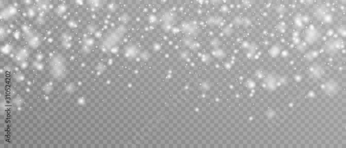 Realistic vector falling snow fall overlay. Shining snowflakes background for Christmas banner of winter collection decoration isolated on transparent. Stock vector photo