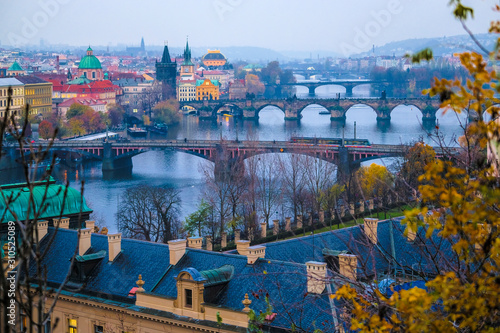 landscape image of the center of Prague with the Vltava river