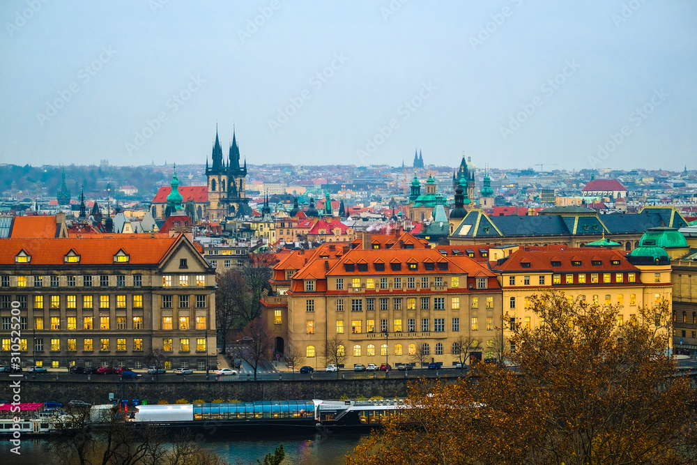 Obraz premium landscape image of the center of Prague with the Vltava river at evening