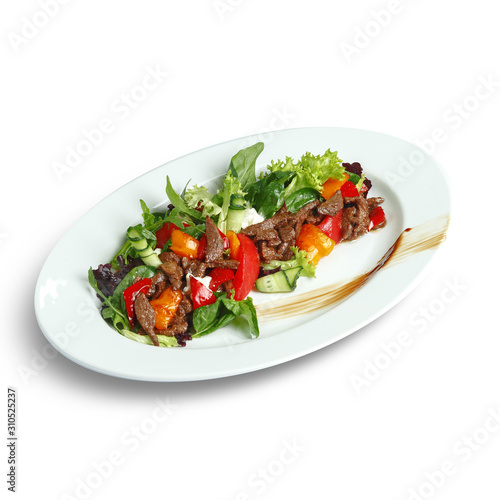 Dishes of traditional Russian cuisine. Restaurant serving. White background.