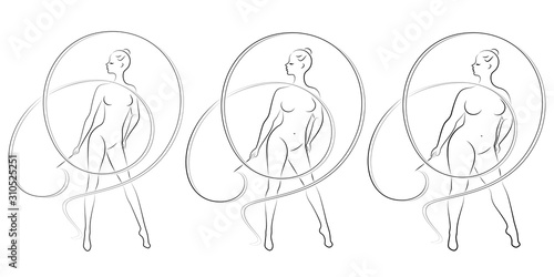 Collection. Silhouette of a cute lady, she is engaged in rhythmic gymnastics with a ribbon. The woman is overweight and slender girl athlete. Vector illustration set