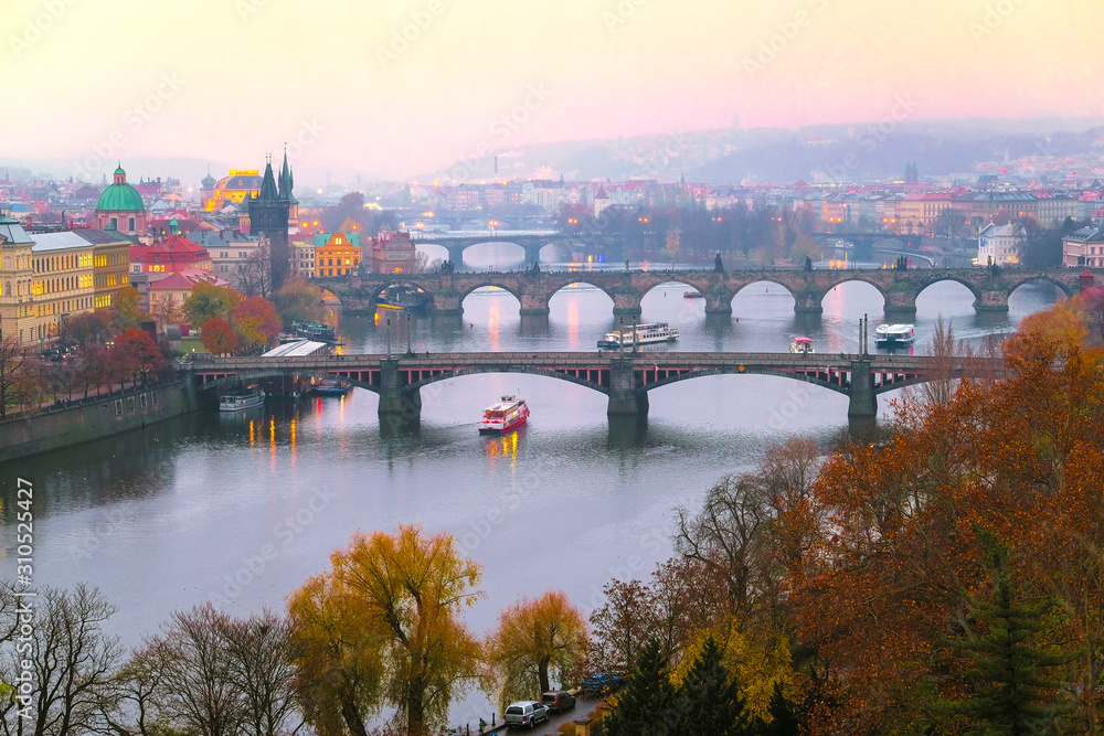 Prague, Czech Republic - November, 22, 2019: Prague landscape with view of Charles bridge