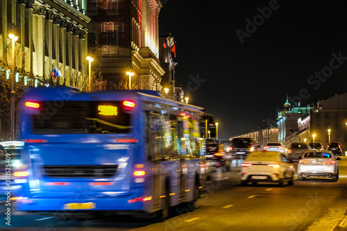Moscow, Russia - October, 28, 2019: image of a bus on a night street in Moscow