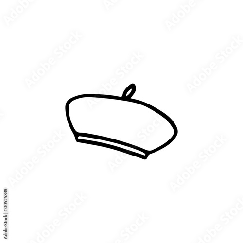 Doodle, hand drawn beret hat flat vector icon isolated on a white background.