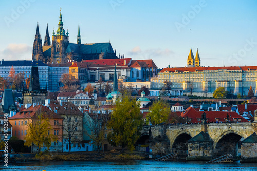 Prague, Czech Republic - November, 19, 2019: Prague landscape with view of Vltava river and St. Vitus Cathedral