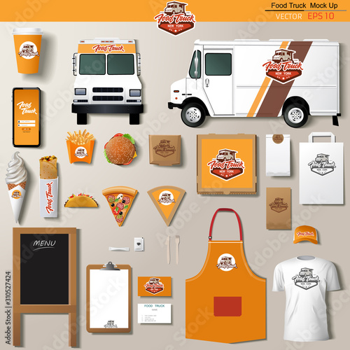 Vector food truck corporate identity template design set. Branding mock up.