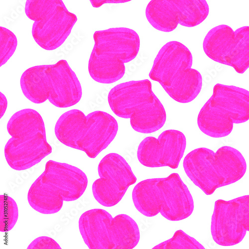 bright pink hearts seamless pattern.Hand drawn graphic doodles.Childrens drawing. St Valentines day. Love and romance. For post cards, textile and wrapping paper