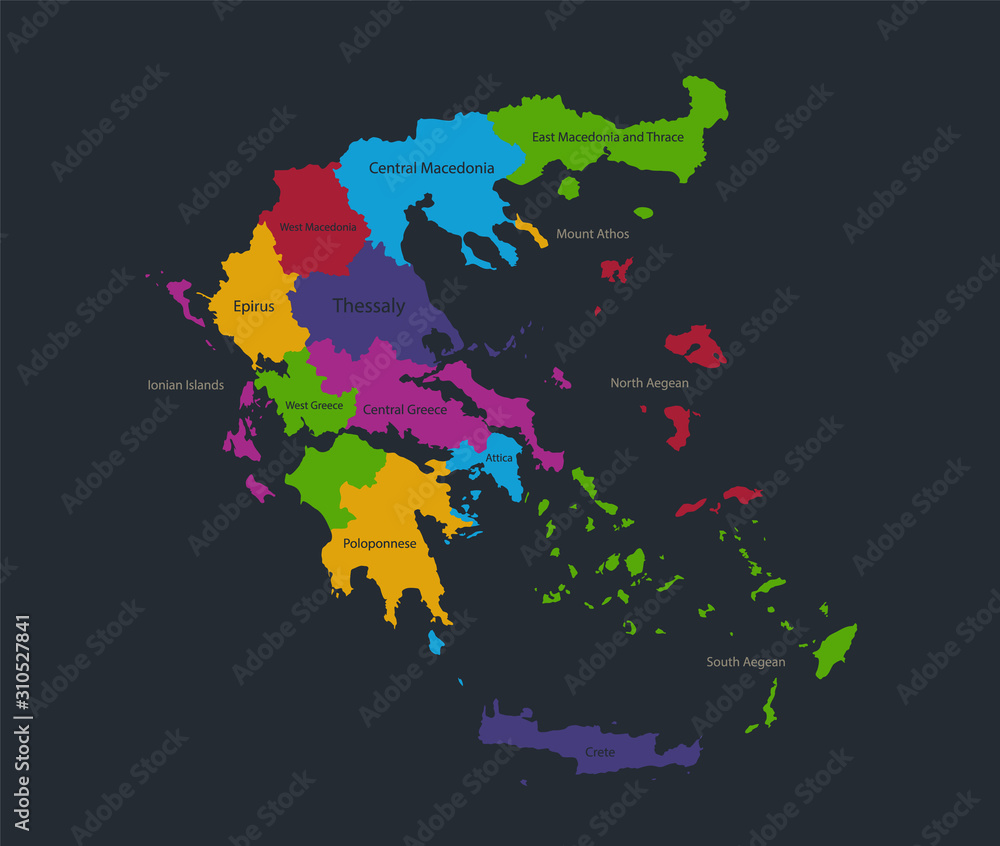 Infographics Greece map, flat design colors, with names of individual divisions