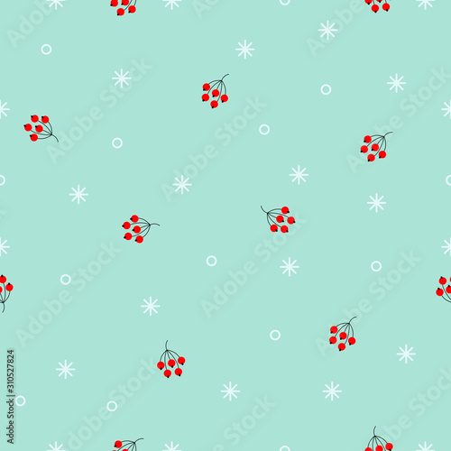 Seamless winter pattern. Random White snowflakes and red berries on blue background. Minimalistic Vector holiday illustration for wallpapers, wrapping paper, textile. Christmas and New Year Ornament