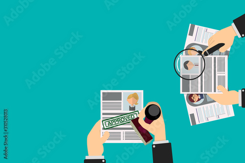 Office Recruiter Recruits Desk Resume Candidates for Vacancy. curriculum vitae approved for office worker. HR staff reviews other candidates with magnifying glass