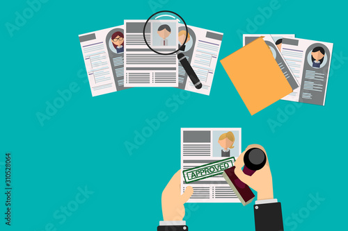 Office Recruiter Recruits Desk Resume Candidates for Vacancy. curriculum vitae approved for office worker. review of other candidates through folders and magnifying glass