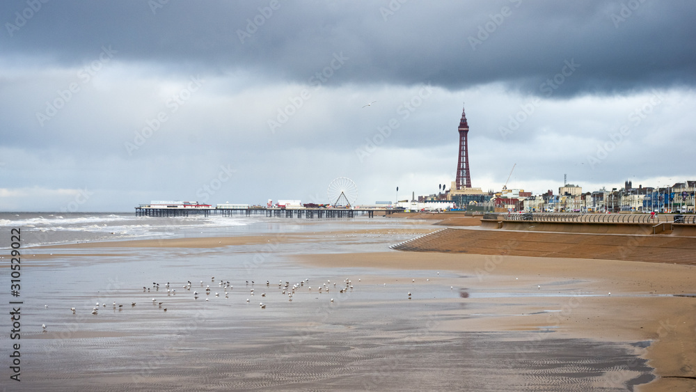 Blackpool Tower and Central Pier on a wet December day out of the holiday season