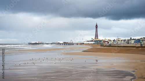 Blackpool Tower and Central Pier on a wet December day out of the holiday season