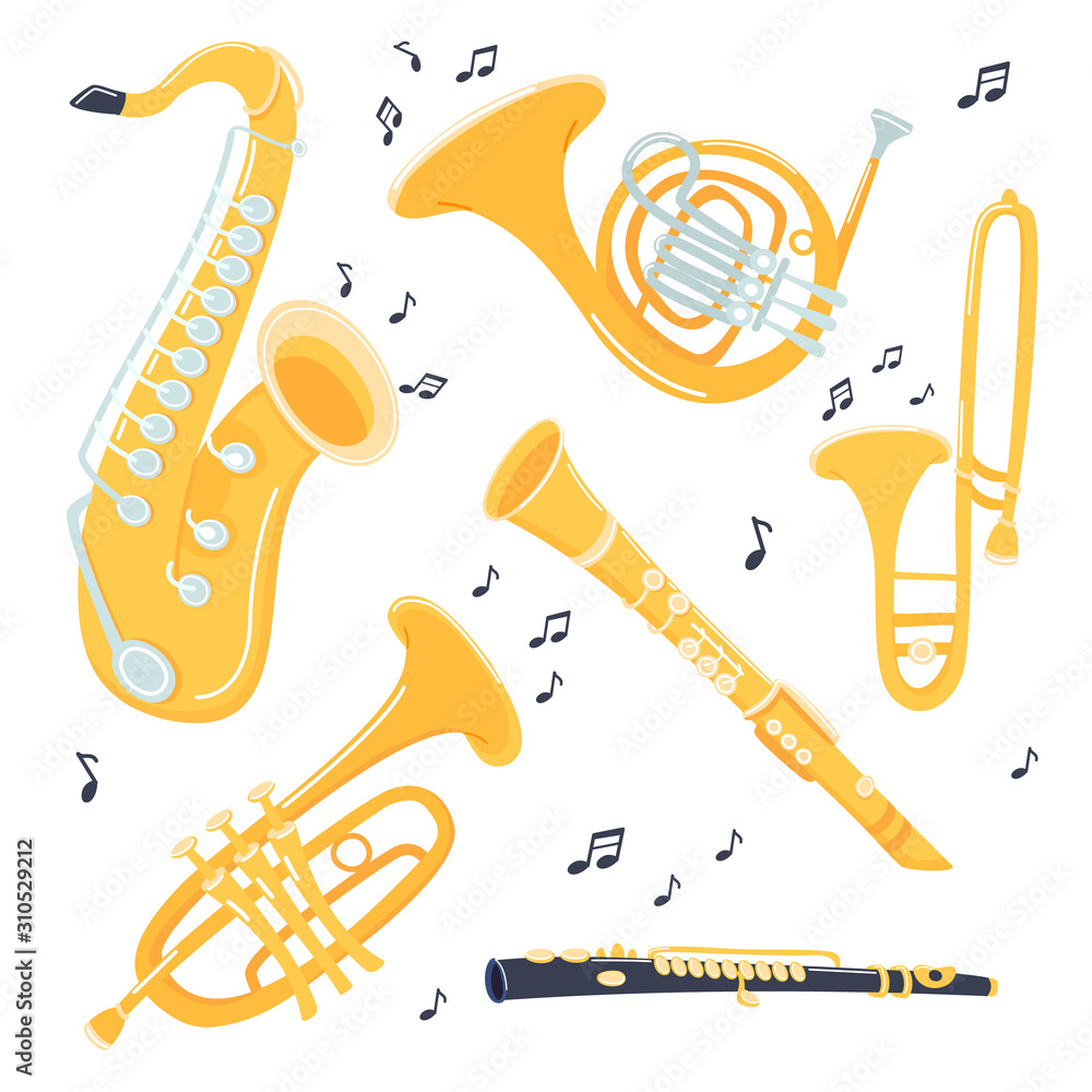 Musical brass Instruments collection. Jazz gold objects set. Trumpet and  saxophone, trombone and flute, clarinet and French horn. Vector cartoon  illustration. Stock Vector